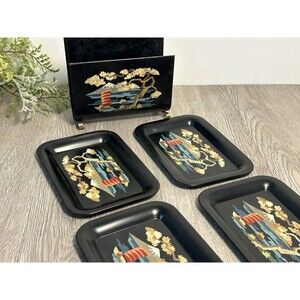 Vintage Black Metal Tole Ware Snack Bridge Trays With Matching Holder Caddy READ